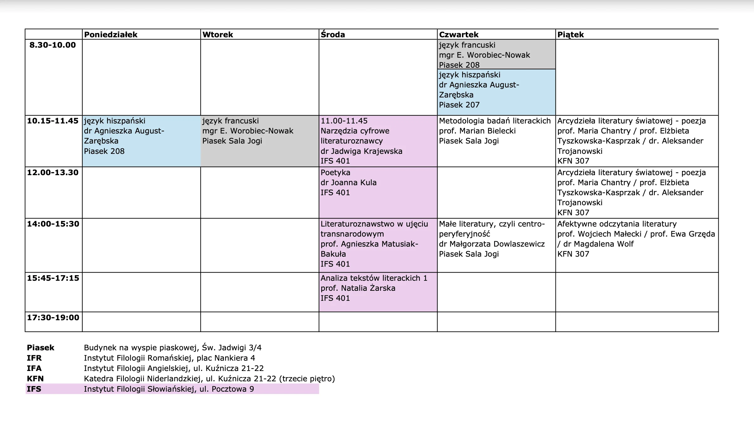 plan zajęć na semestr zimowy 2025/26